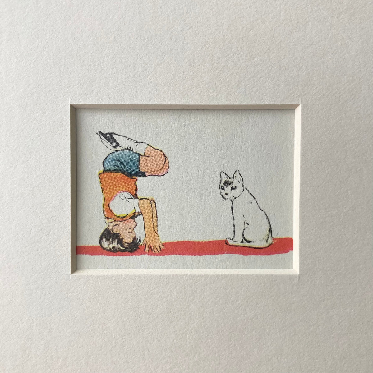 1950s Yoga Boy & Cat Mounted Print - 8 x 6"